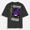 Black oversized unisex T-shirt featuring “Because I Am Tofu Ninja” design with cute tofu ninja character, night sky, and ninja silhouettes on the back.