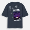 tofu-ninja-by-night-oversized-unisex-tshirt-don’t-mess-edition-navy-blue-back Navy Blue oversized unisex T-shirt featuring “Tofu Ninja by Night” design with cute tofu ninja character, night sky, and ninja silhouettes with a warning on the back.