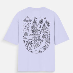 Lavender Puri Unisex Oversized T-Shirt with Jagannath Temple and beach illustration on the back.