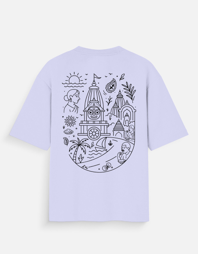puri-unisex-oversized-t-shirt-lavender-back Lavender Puri Unisex Oversized T-Shirt with Jagannath Temple and beach illustration on the back.