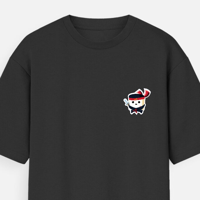 Black oversized unisex T-shirt with small cute tofu ninja character graphic on the left chest