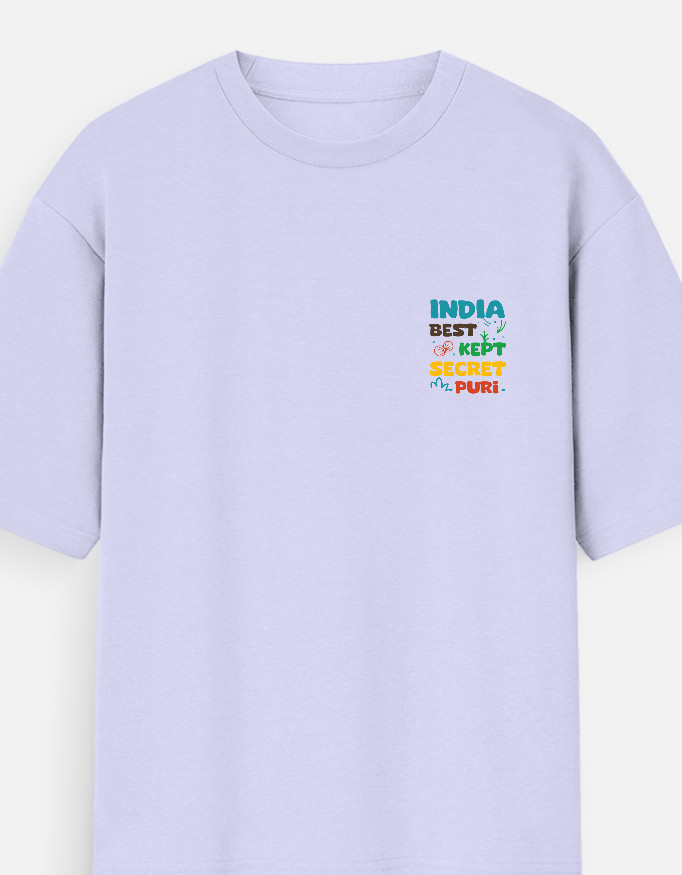 puri-unisex-oversized-t-shirt-lavender-back Lavender Puri Unisex Oversized T-Shirt with "India’s Best Kept Secret" text design on the front.