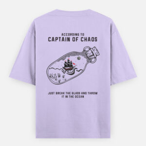 Lavender oversized unisex T-shirt featuring the “Captain of Chaos” message in a bottle pirate ship design on the back.