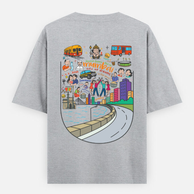 Oversized tshirt mumbai vadapav ganpati dream city vibes quirky bollywood street slang design grey melange back
