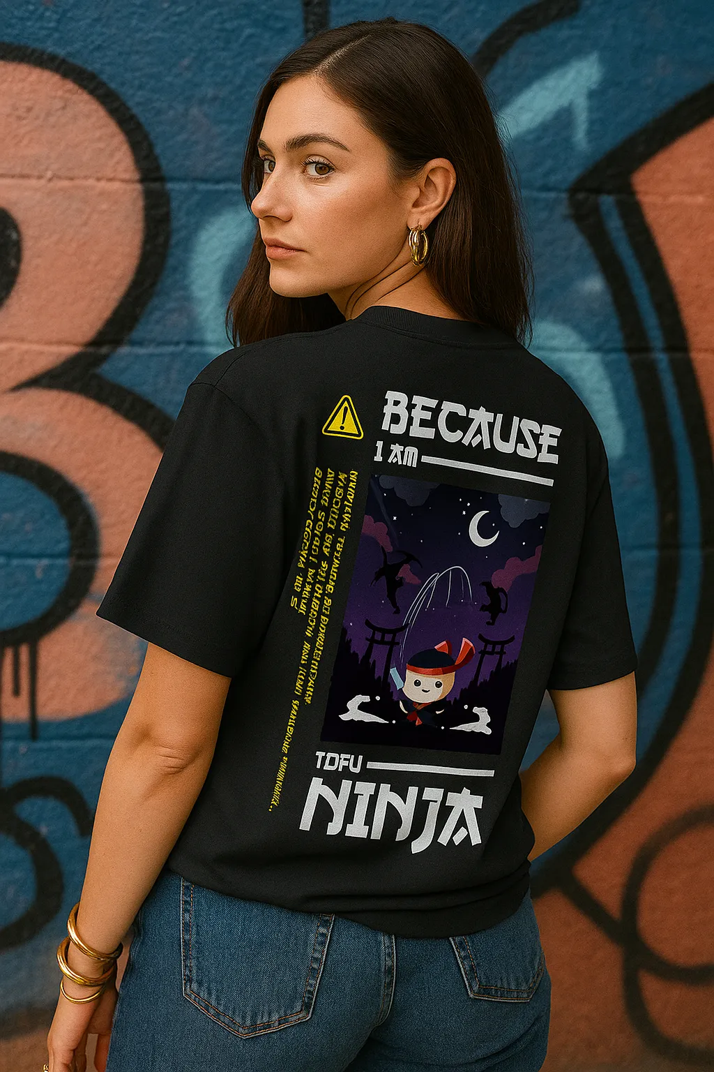 female model wearing Because I Am Tofu Ninja – Unisex Classic Crew T-Shirt, Stealthy Kawaii Warrior
