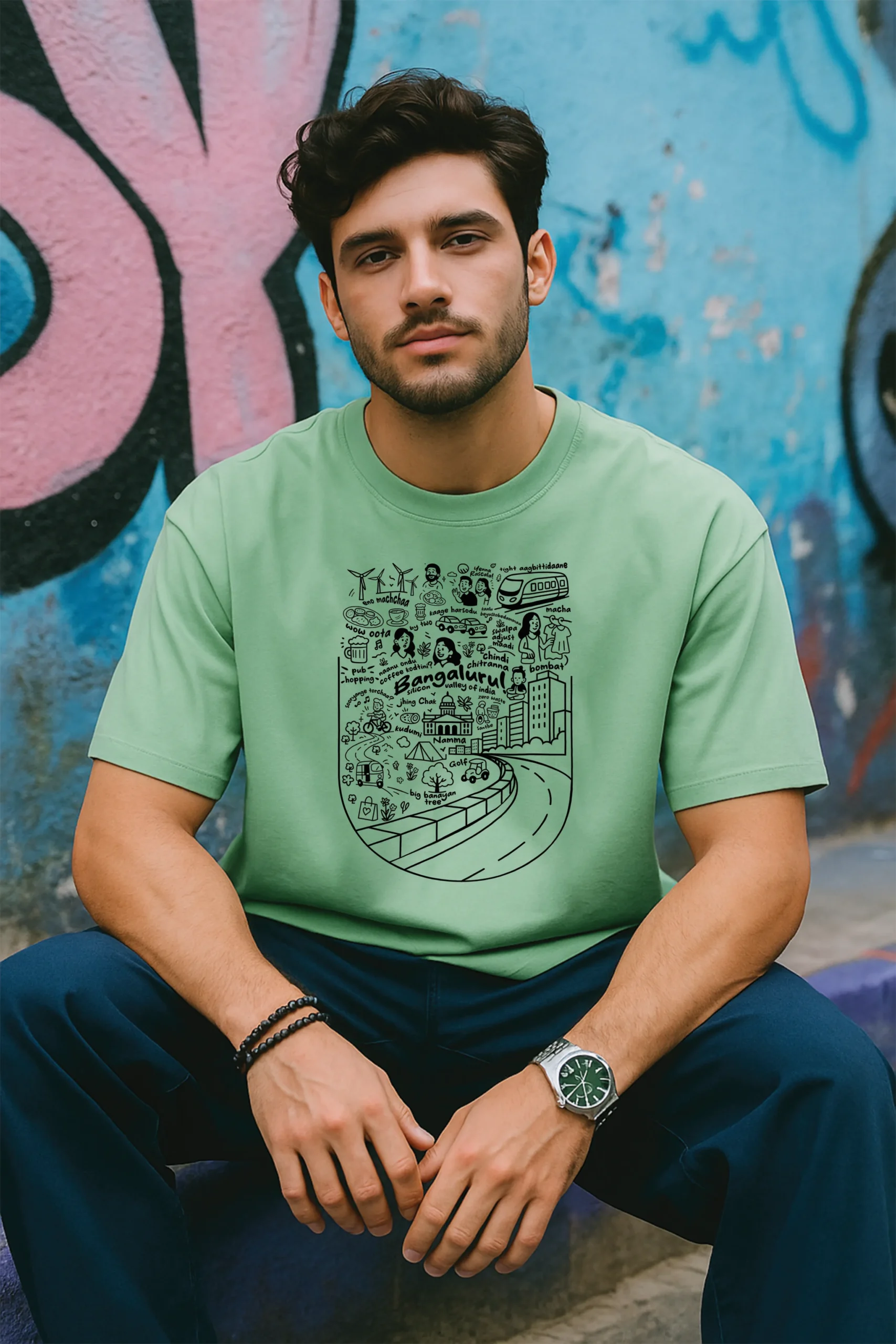 Man wearing Bengaluru unisex graphic t-shirt siting on a street style back drop