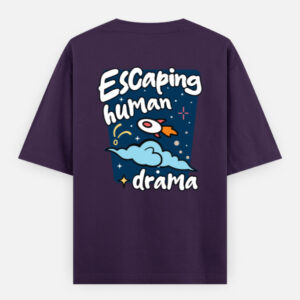 Purple Oversized Unisex T-shirt featuring Tribal bay Escaping Human Drama design with spaceship rocket and stars back