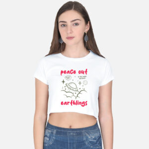 White Tribal bay Peace Out Earthlings Graphic Crop Top with UFO and stars on the front