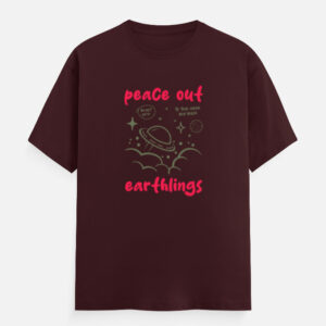 Maroon Peace Out Earthlings Unisex Graphic Classic Crew T-shirt with UFO clouds stars planets design on the front