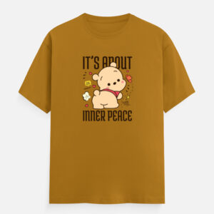 Inner Peace Graphic Classic Crew T-Shirt with cute bear design – Mustard Yellow front -Aesthetic streetwear cotton tee