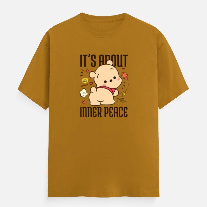 Inner Peace Graphic Classic Crew T-Shirt with cute bear design – Mustard Yellow front -Aesthetic streetwear cotton tee
