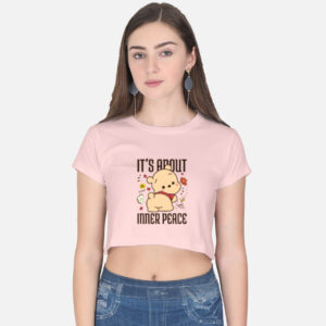 Inner Peace Graphic Light Baby Pink Crop Top with cute bear design front – Quirky aesthetic cotton tee for Gen Z girls