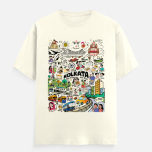 Off White Kolkata doodle collage Unisex Graphic Classic Crew T-shirt with city icons food and landmark on the front