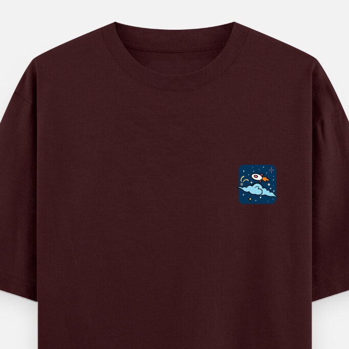 tribal-bay-escaping-human-drama-oversized-unisex-t-shirt-with-spaceship-rocket-and-stars-maroon-front.jpg Maroon Oversized Unisex T-shirt with spaceship rocket and stars on the front