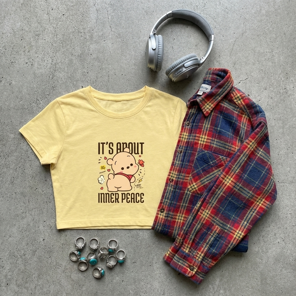 Tribal Bay's Inner Peace crop top with vintage oversized flannel shirt, a pair of silver headphones, and some chunky rings.