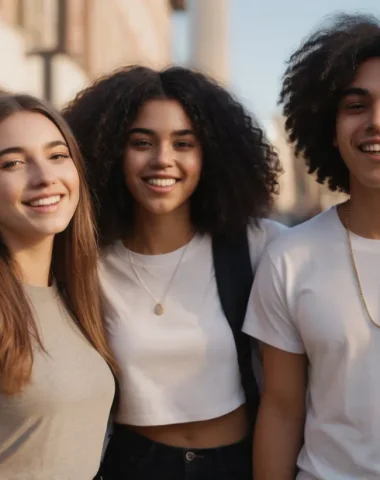 Group of diverse GenZ friends showcasing stylish oversized t-shirts and crop tops in urban streetwear